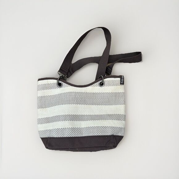 Thirty One Small Shoulder Tote Bag Black White Striped Canvas Straw Resortwear - Picture 1 of 16